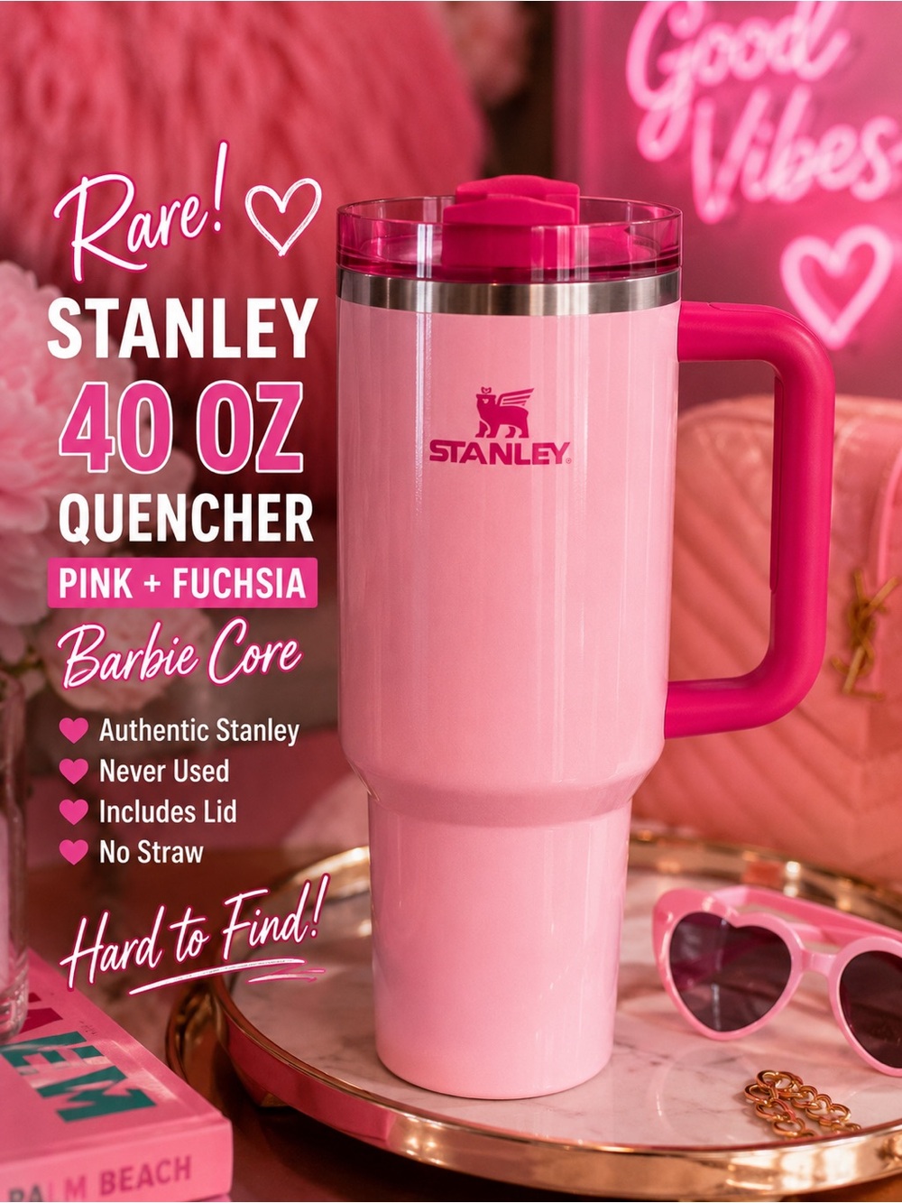 Rare Stanley Quencher 40 oz Pink Fuchsia Tumbler Cup Authentic No Straw BNWOT